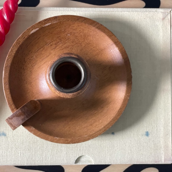 Vintage Wooden & Brass Candle Holder 5" & Twisted Red Candle 6" - Midcentury Mod - Picture 6 of 10